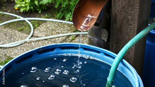 Rain Water Is Streaming into Barrel in the Garden.