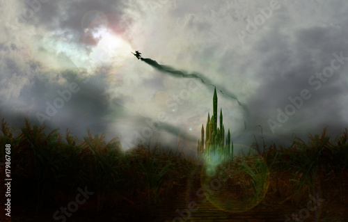 witch flying across cornfield and around emerald city