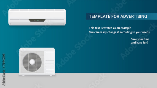 Template with air conditioning for advertisement on horizontal long backdrop, 3D illustration with example of text design. Icons of realistic white air conditioning, full set of two blocks.