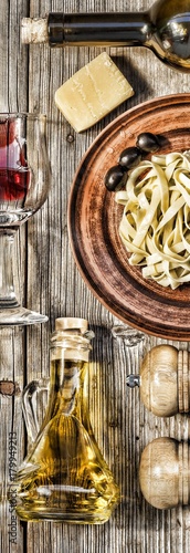 Layout, wine and traditional Italian fettuccine, pasta. Food set.