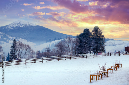 Beautiful sunset in winter. Mountain landscape