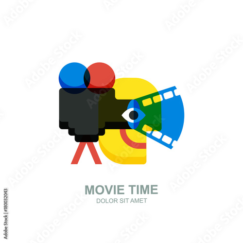 Vector isolated flat illustration of smiling abstract man, movie camera with film spotlight. Creative logo icon design. Concept for home movie time, media and watching video tv.