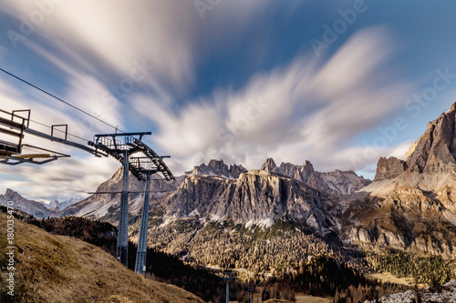 Upper station of the cable car, in the background Dolomites and clouds in motion. Dolomites Alps, Italy