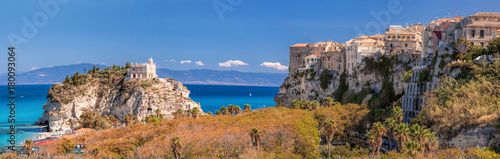 Panorama of Santa Maria dell'Isola Church with Tropea town in Calabria, Italy