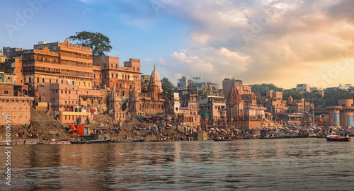 Historic Varanasi city with Ganges river ghat at sunrise