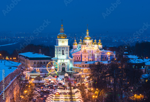 Beatiful view of Christmas on Sophia Square in Kyiv, Ukraine. Main Kyiv's New Year tree and Saint Sophia Cathedral on the background