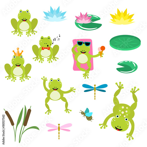 Frogs cartoon clipart vector set.