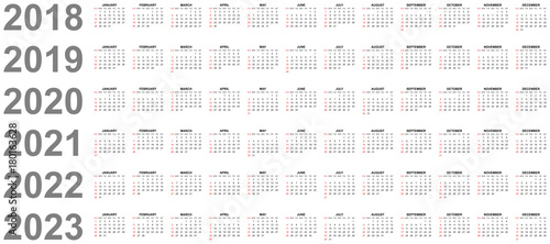 Simple editable vector calendars for year 2018 2019 2020 2021 2022 2023 sundays in red first