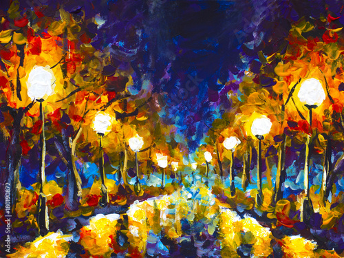 Original expressionism oil painting evening park cityscape, beautiful reflection on wet asphalt on canvas. Abstract violet-orange lonely night park. Palette knife artwork. Impressionism. Art.