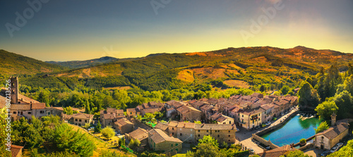 Tuscany, Santa Fiora medieval village, peschiera and church. Monte Amiata, Grosseto, Italy