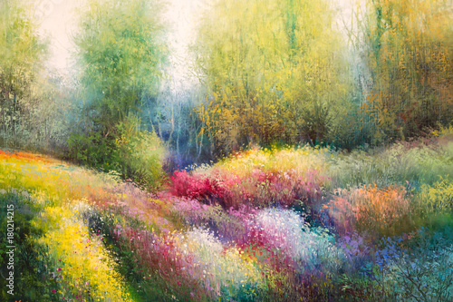 Obraz olejny na płótnie: wiosenna łąka z kolorowymi kwiatami i tre