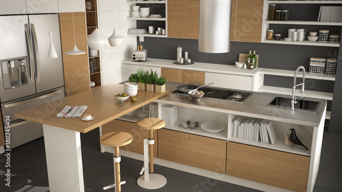 Modern wooden kitchen with wooden details, close up, island with stools, white and gray minimalistic interior design