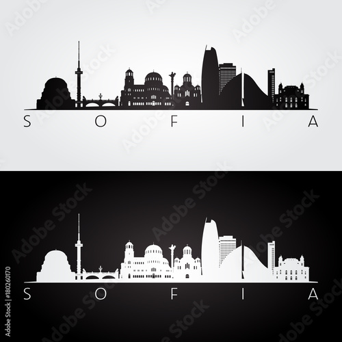 Sofia skyline and landmarks silhouette, black and white design, vector illustration.