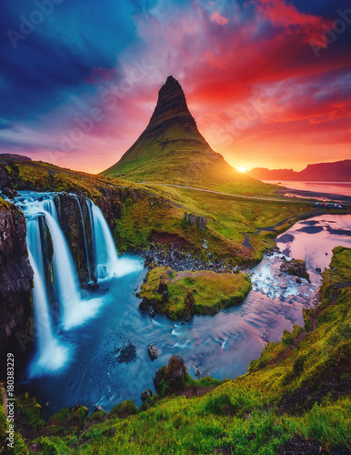 Kirkjufell volcano the coast of Snaefellsnes peninsula. Location famous Kirkjufellsfoss waterfall, Iceland, Europe.