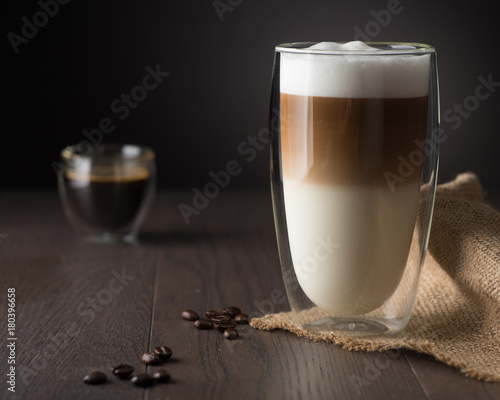 Macchiato in clear glass on dark background