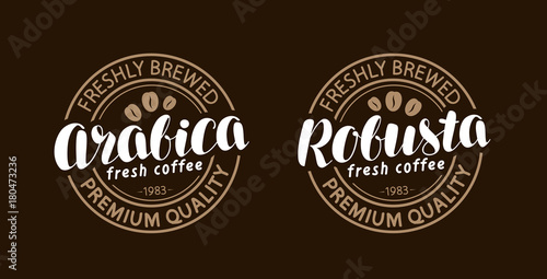 Coffee concept. Arabica, robusta stamp or label. Lettering, calligraphy vector illustration