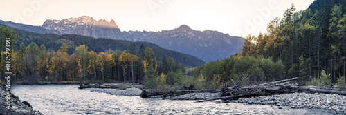 Pacific Northwest Fall Season Landscape of Mountain River and Autumn Color Trees