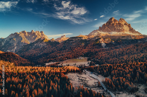 Aerial view of National Park Tre Cime di Lavaredo. Location place Auronzo, Misurina, Dolomiti alps, South Tyrol, Italy, Europe