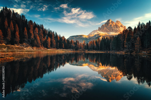 Aerial view of Lago Antorno, Dolomites, Lake mountain landscape with Alps peak , Misurina, Cortina d'Ampezzo, Italy