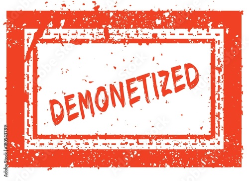 DEMONETIZED on orange square frame rubber stamp with grunge texture