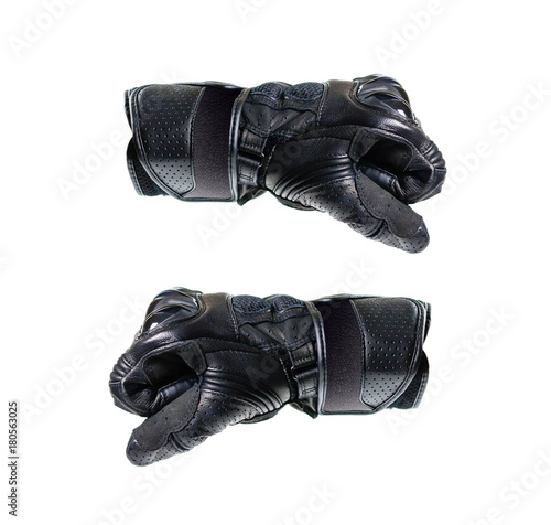 Sport black Moto gloves. Two fists in gloves. Isolated on white background