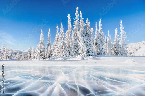 Blue ice and cracks on the surface of the ice. Frozen lake under a blue sky in the winter. The hills of pines. Winter. Carpathian, Ukraine, Europe