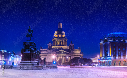 St. Petersburg. A snowy evening at St. Isaac's Square. Snow in Petersburg. Russia. Winter.
