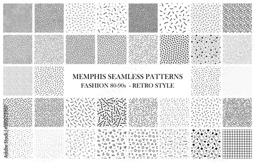 Bundle of Memphis seamless patterns. Fashion 80-90s. Black and white textures