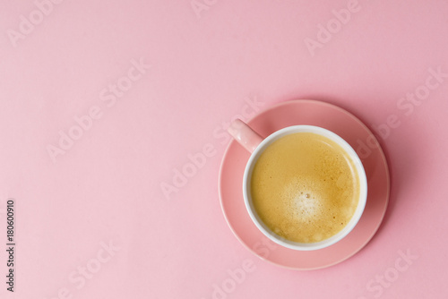 coffee in pink pastel table top view