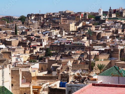 The panoramic view on the rooftops, Medina of Fes, Africa, Morocco 