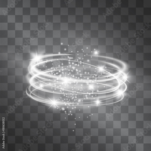 Vector silver light discs hazy effect. Cold glowing swirling storm cylinder of shining stardust sparkles on transparent background. Glittering blizzard funnel, ice cold magical illumination.