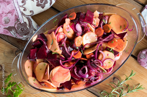 Vegetables in a pan, ready for baking in the oven