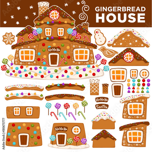 Christmas gingerbread house constructor cartoon cookie candy greeting New Year card icons