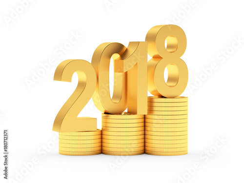 Golden number 2018 stands on the stacks of coins. 3D illustration