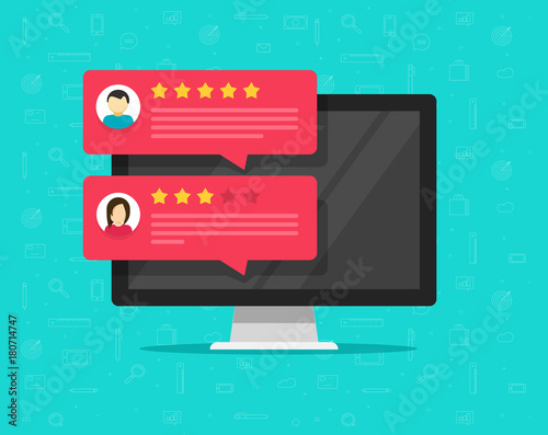 Customer review rating messages on computer and vector, flat cartoon of desktop pc display and online reviews or client testimonials, experience or feedback, rating stars, survey comments