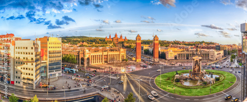 Panoramic aerial view of Placa d'Espanya in Barcelona, Catalonia, Spain