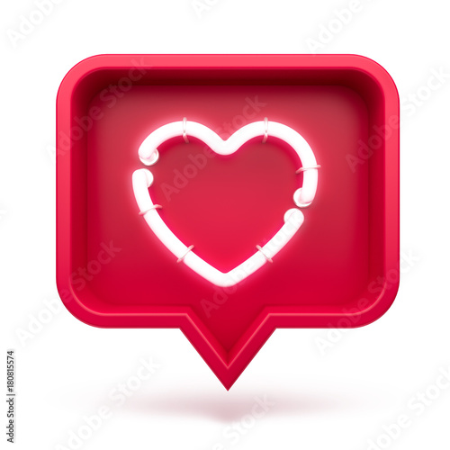 Like heart icon on a red pin isolated on white background. Neon Like symbol. 3d render