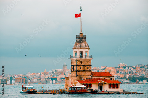 Maiden tower with old city istanbul background.