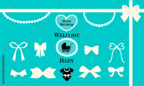 A set of vector design elements for a tiffany style party. White bows, beads, pearls on a blue background. Can be used for birthday, wedding,baby and bridal shower invitation.