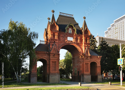 Alexandrovskaya triumphal arch - Tsarskie Vorota (Royal Gates) at Red street in Krasnodar. Russia