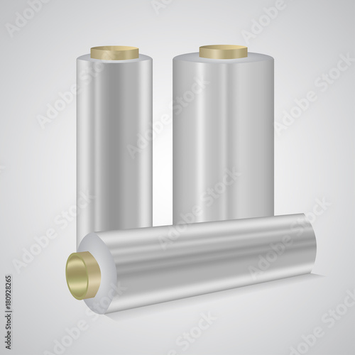 Stretching plastic wrap, cling film rolls vector illustration. Transparent glowing covers isolated on white. Made to keep food fresh in household, supermarkets. The reason of environmental concerns.