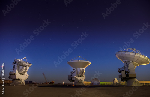 ALMA, base station of the worldwide biggest telescope Array at night, Chile