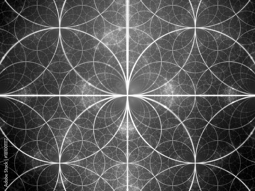 Glowing symmetrical fractal circles black and white texture