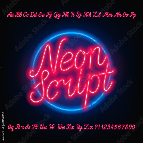 Neon script alphabet font. Red neon uppercase and lowercase letters and numbers. Hand drawn vector typeface for your headers or any typography design.