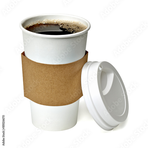 Coffee in takeaway cup with sleeve isolated on white background including clipping path