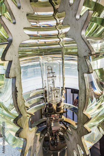 Close up view of the fresnel lens inside a lighthouse