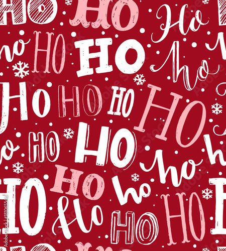 Ho ho ho pattern. Funny christmas background for gift wrapping. White lettering and hand drawn snow on red background. Santa Claus laugh.