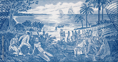 African slave trade on Guinea Bissau 500 peso banknote closeup macro, slavery scene in Africa..