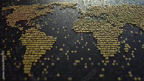 World map contour made of golden numbers. Modern digital technology, economic globalization or worldwide data transfer concepts. 3D rendering