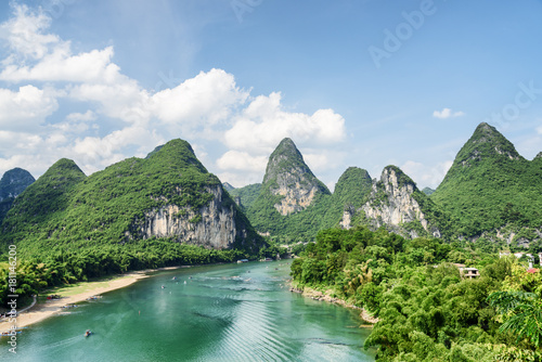 Scenic summer sunny landscape at Yangshuo County, Guilin, China